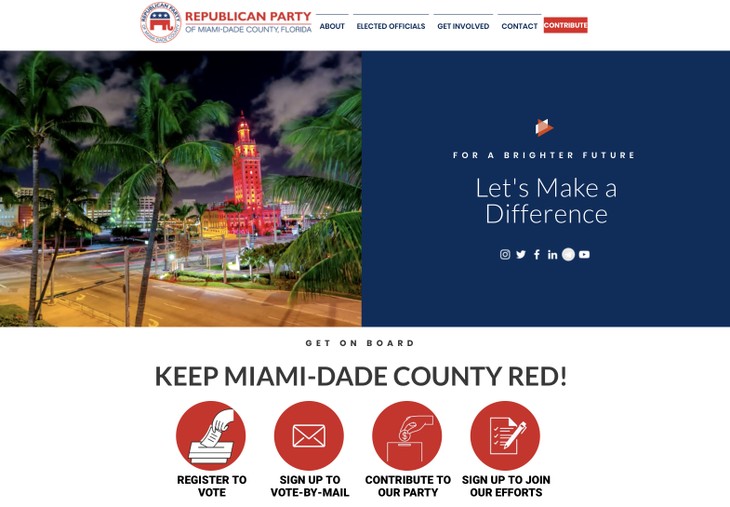 From home page of the Miami-Dade County Republican Party: Miami-Dade County Building at night bathed in red lights framed by palm trees, with purple clouds in background. Written messages: Let's Make a Difference and Keep Miami-Dade County Red!